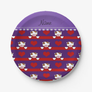 Personalised name purple cows red hearts stripes paper plate