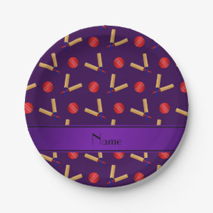 Personalised name purple cricket pattern paper plate