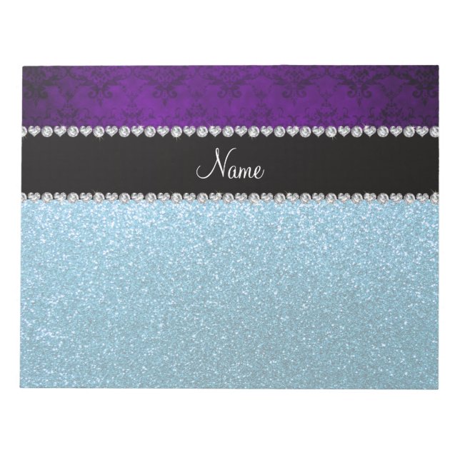 Personalised name purple damask sky blue glitter notepad (Front)