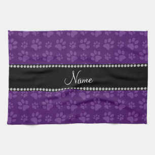 Personalised name purple dog paw prints tea towel
