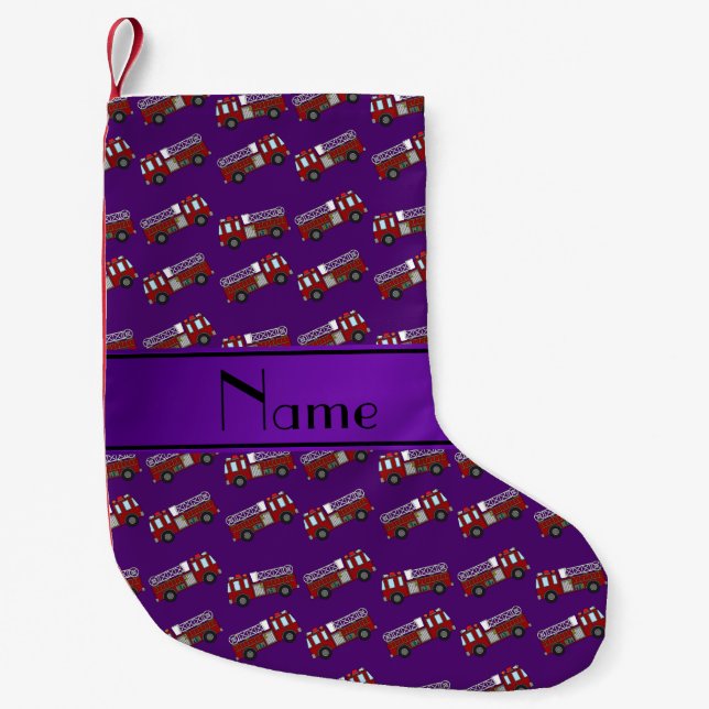 Personalised name purple firetrucks small christmas stocking (Front)