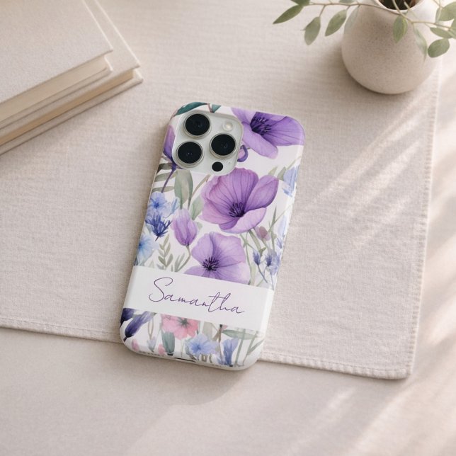 Personalised Name Purple Floral Elegant iPhone Case (Creator Uploaded)