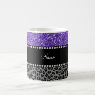 Personalised name purple glitter black leopard coffee mug