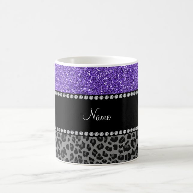 Personalised name purple glitter black leopard coffee mug (Center)