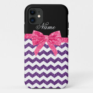 Personalised name purple glitter chevrons pink bow iPhone 11 case