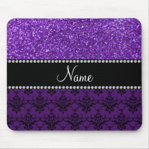 Personalised name purple glitter damask mouse pad