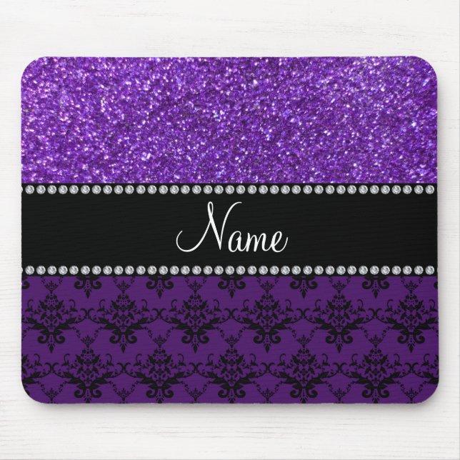 Personalised name purple glitter damask mouse pad (Front)