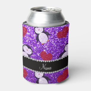 Personalised name purple glitter penguins hearts can cooler