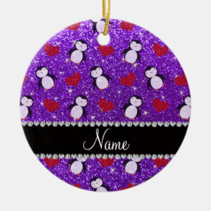 Personalised name purple glitter penguins hearts ceramic tree decoration