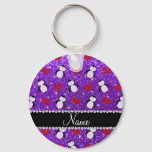 Personalised name purple glitter penguins hearts key ring
