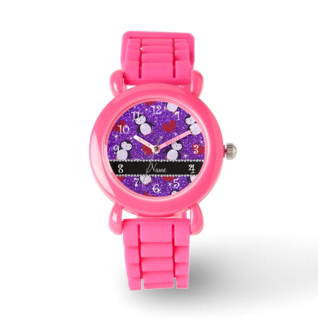 Personalised name purple glitter penguins hearts watch (Front)