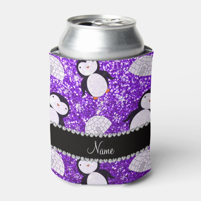 Personalised name purple glitter penguins igloos can cooler (Can Front)