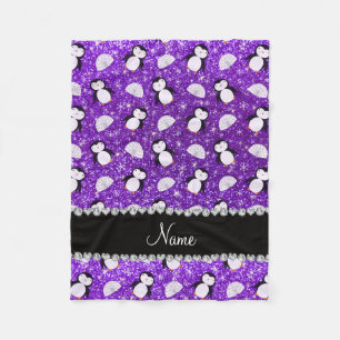 Personalised name purple glitter penguins igloos fleece blanket