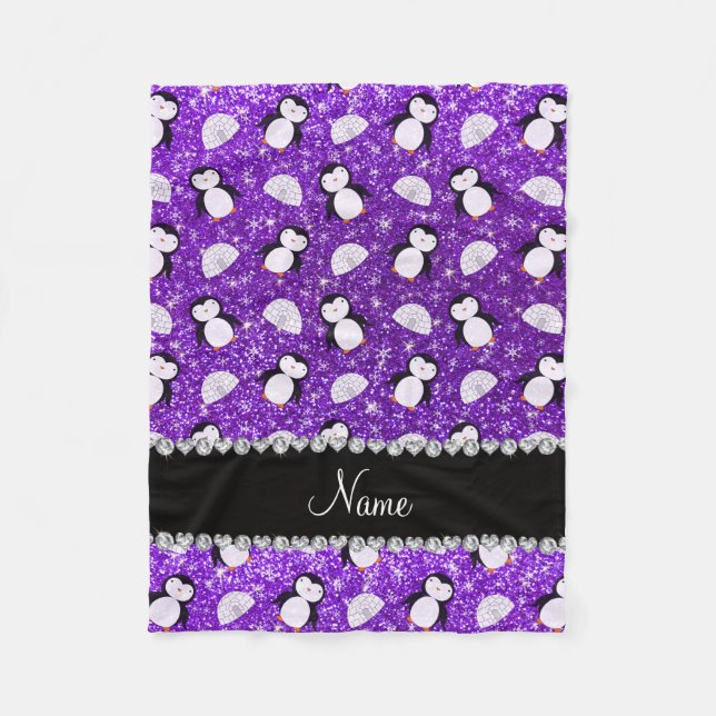 Personalised name purple glitter penguins igloos fleece blanket (Front)