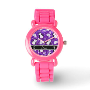 Personalised name purple glitter penguins igloos watch
