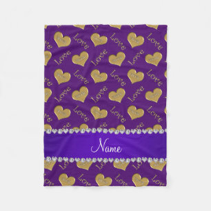 Personalised name purple gold hearts mum love fleece blanket
