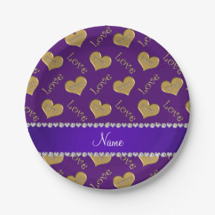 Personalised name purple gold hearts mum love paper plate