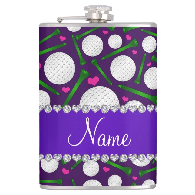 Personalised name purple golf balls tees hearts hip flask (Front)