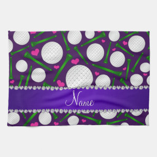 Personalised name purple golf balls tees hearts tea towel