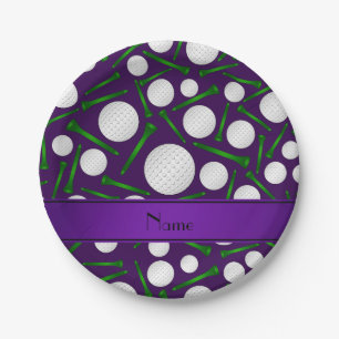 Personalised name purple golf balls tees paper plate