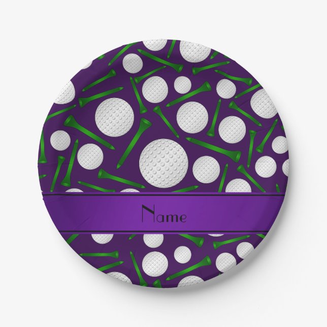 Personalised name purple golf balls tees paper plate (Front)
