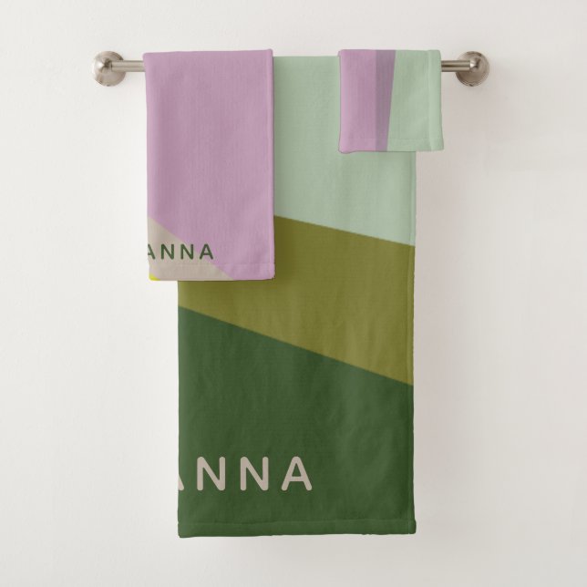 Personalised Name Purple Green Stylish Geometric Bath Towel Set (Insitu)
