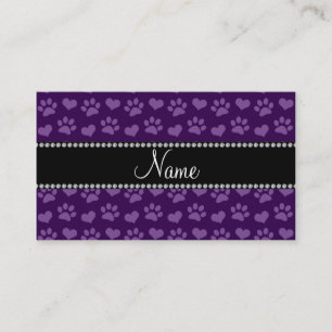 Personalised name purple hearts and paw prints calling card