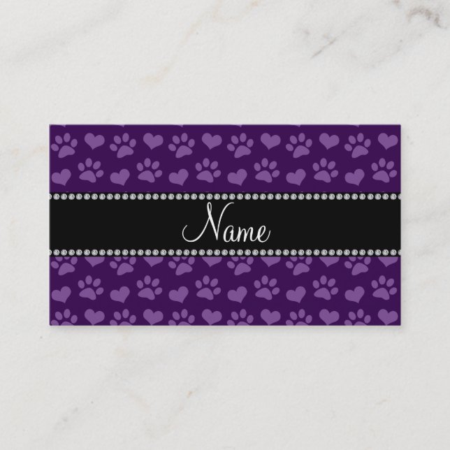 Personalised name purple hearts and paw prints calling card (Front)
