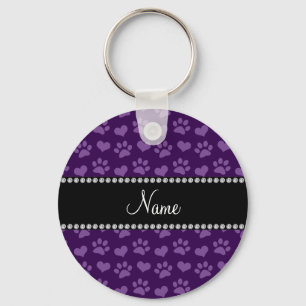 Personalised name purple hearts and paw prints key ring
