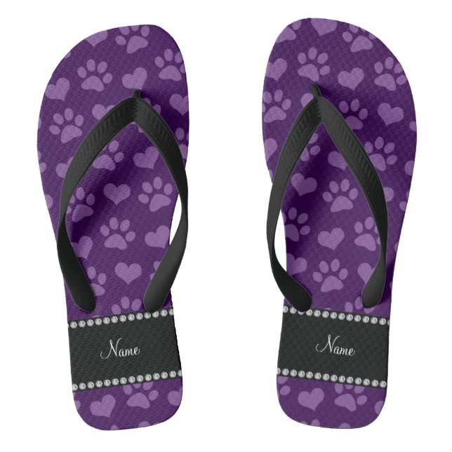 Personalised name purple hearts and paw prints thongs (Footbed)