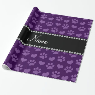 Personalised name purple hearts and paw prints wrapping paper