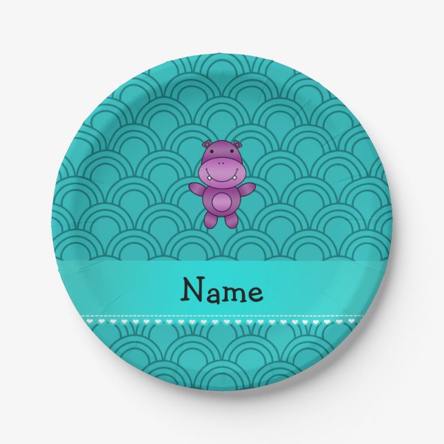 Personalised name purple hippo turquoise pattern paper plate (Front)