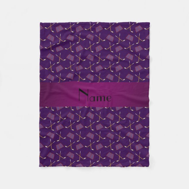 Personalised name purple hockey pattern fleece blanket (Front)