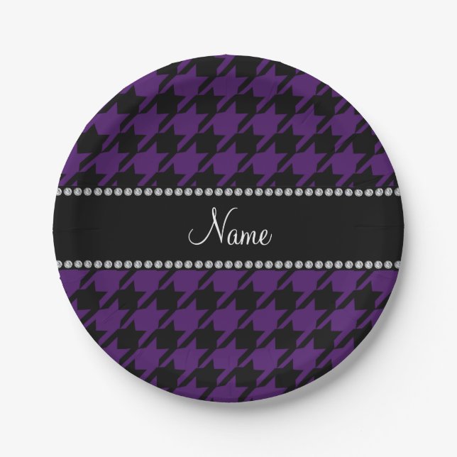 Personalised name Purple houndstooth pattern Paper Plate (Front)