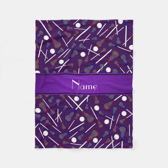 Personalised name purple lacrosse pattern fleece blanket (Front)