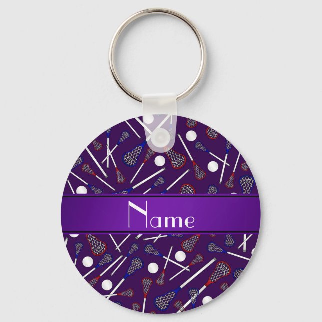 Personalised name purple lacrosse pattern key ring (Front)