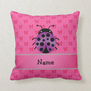 Personalised name purple ladybug pink butterflies cushion