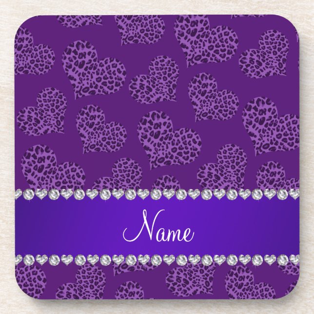 Personalised name purple leopard hearts coaster (Front)
