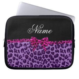 Personalised name purple leopard print pink bow laptop sleeve