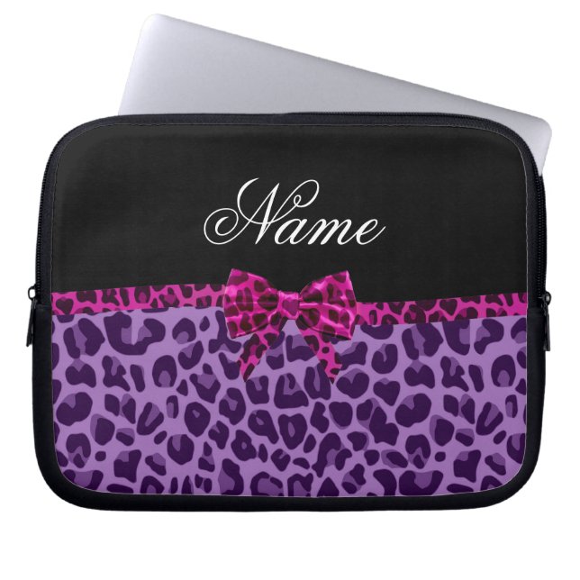 Personalised name purple leopard print pink bow laptop sleeve (Front)