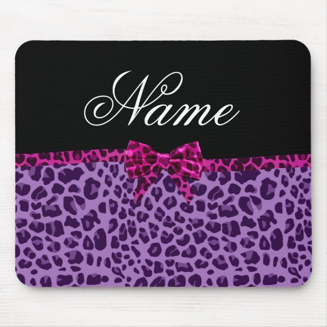 Personalised name purple leopard print pink bow mouse pad (Front)