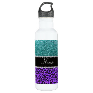 Personalised name purple leopard turquoise glitter 710 ml water bottle