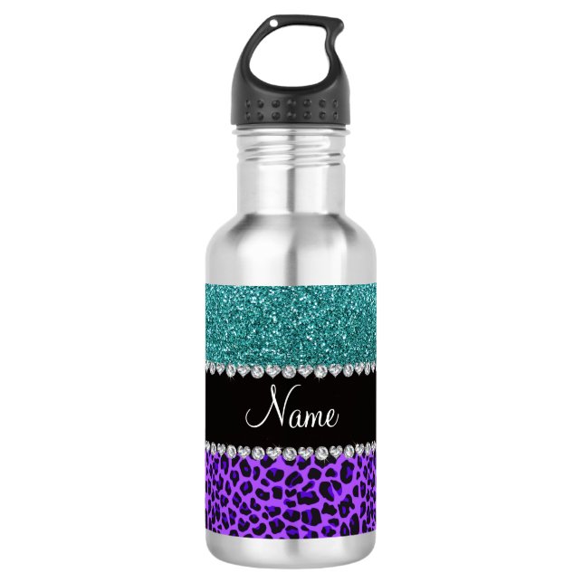 Personalised name purple leopard turquoise glitter 710 ml water bottle (Front)