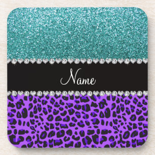 Personalised name purple leopard turquoise glitter coaster