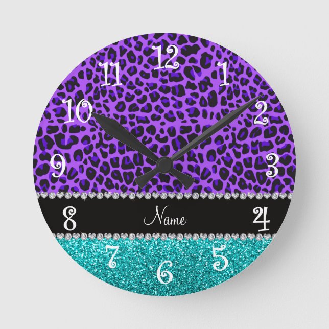 Personalised name purple leopard turquoise glitter round clock (Front)