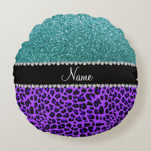 Personalised name purple leopard turquoise glitter round cushion