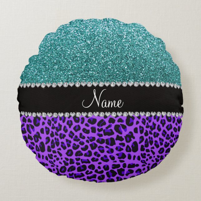 Personalised name purple leopard turquoise glitter round cushion (Front)