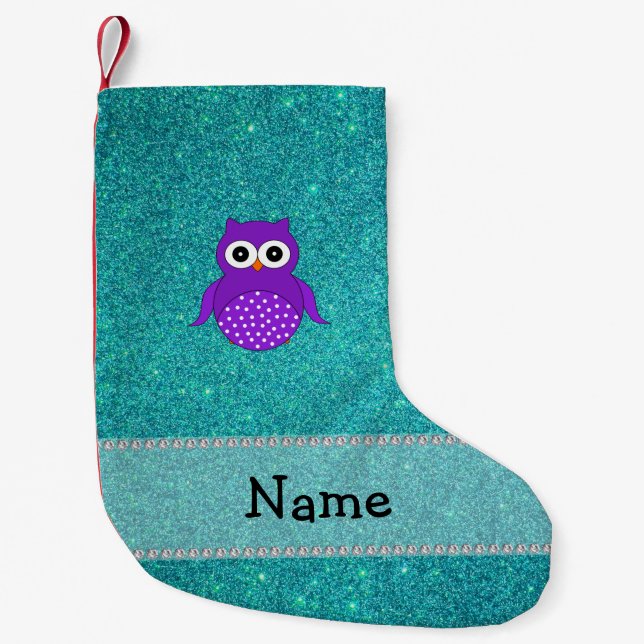 Personalised name purple owl turquoise glitter small christmas stocking (Front)