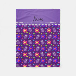 Personalised name purple owls flowers pattern fleece blanket