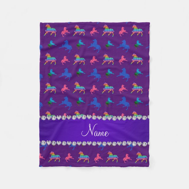 Personalised name purple patterned horses fleece blanket (Front)